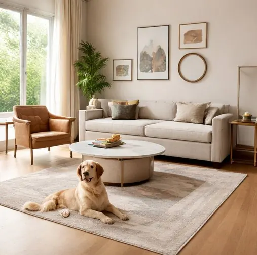 Rug lifestyle scene: Living room, pet friendly